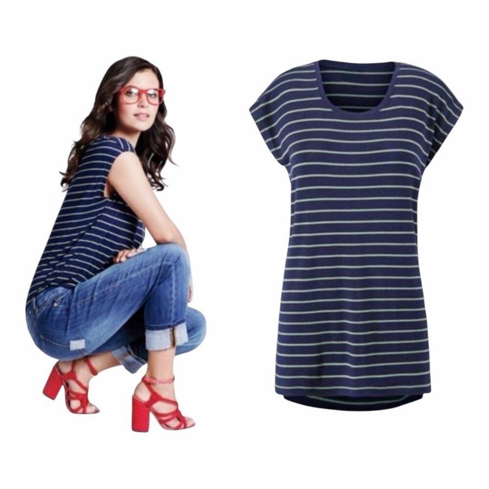 CABI Women’s Navy Green Striped Short Sleeve Ibiza Tee Medium Style #5333